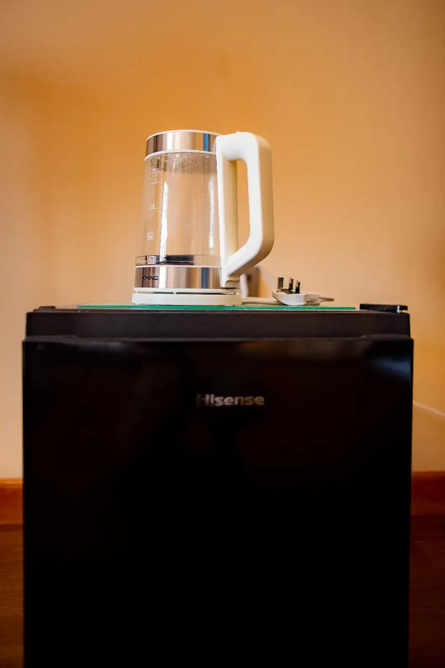Room amenities including a black mini-fridge and an electric glass kettle provided in the Deluxe Suite at Turtle Seaweed Resort.